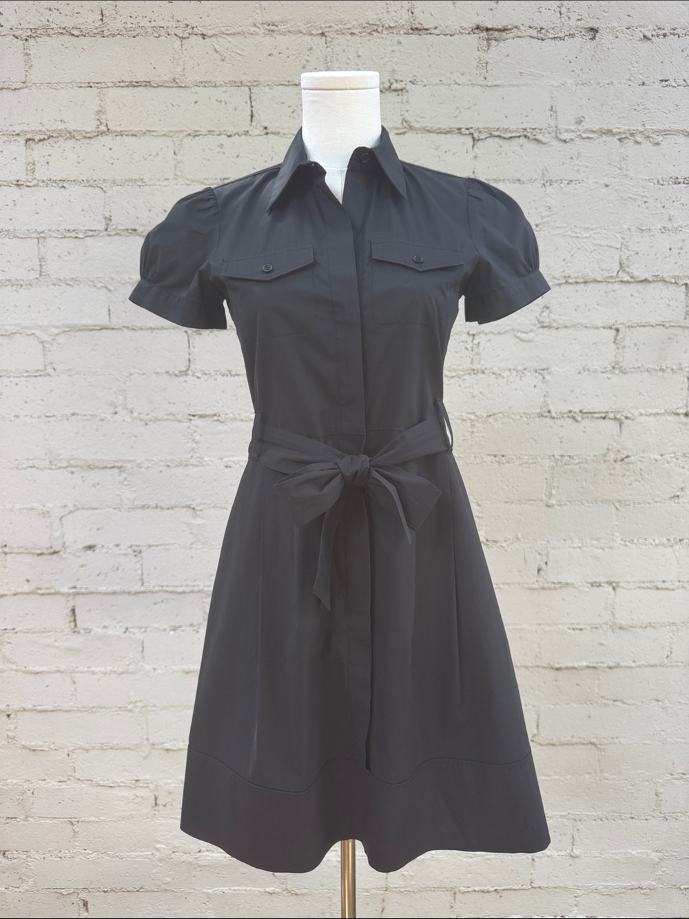 Theory Cotton Blend Midi Dress Short Puff Sleeves Tie Waist Black Size 4